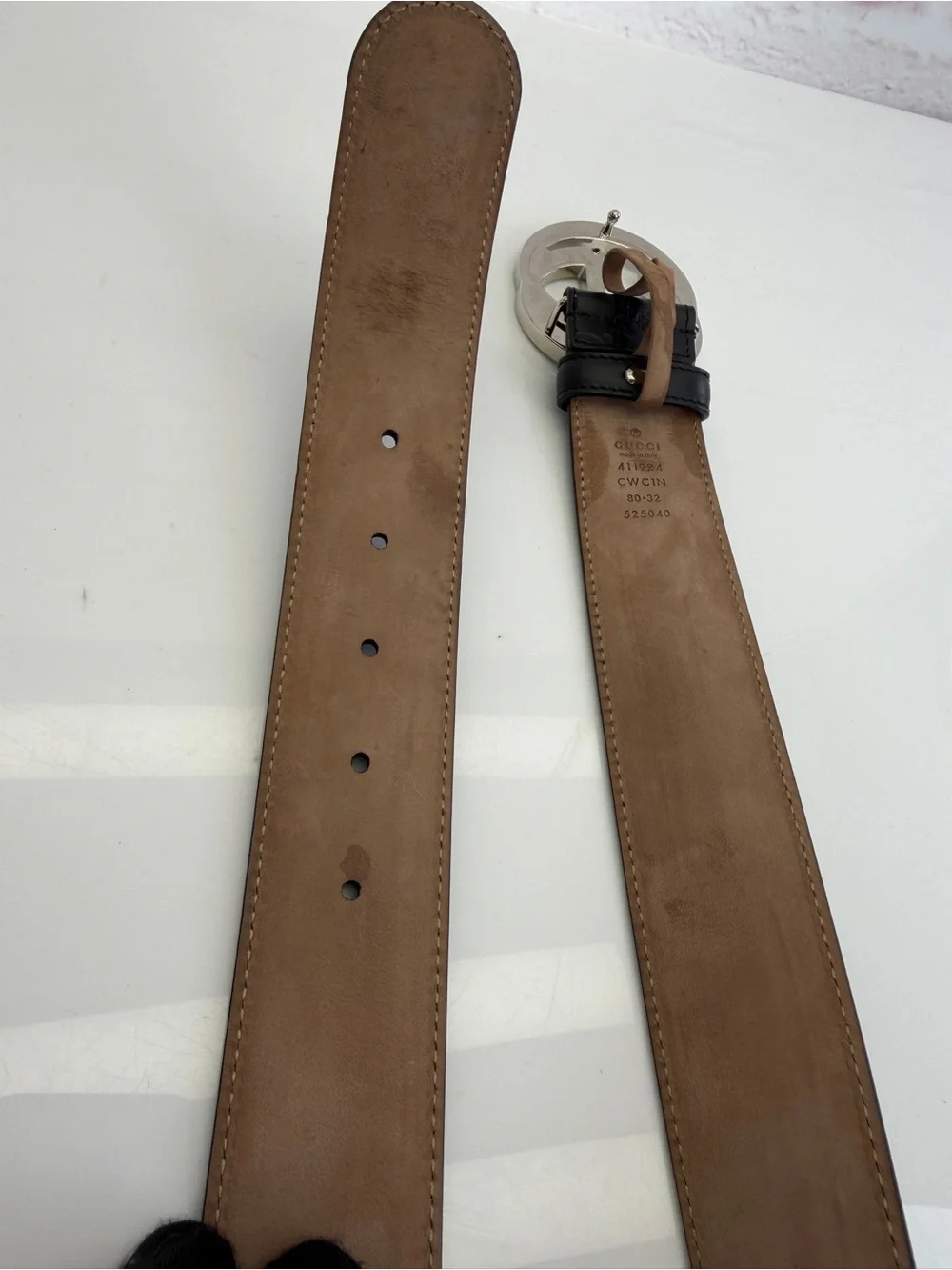 Authentic Gucci Guccissima Black Mens Leather Belt Gg Interlocking 80/32 411924